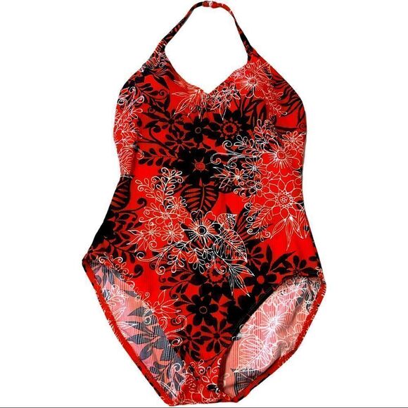 Catalina Orange Textured/Ribbed Floral Black&White Print 1-Piece Swimsuit Sz 2X - Picture 1 of 14